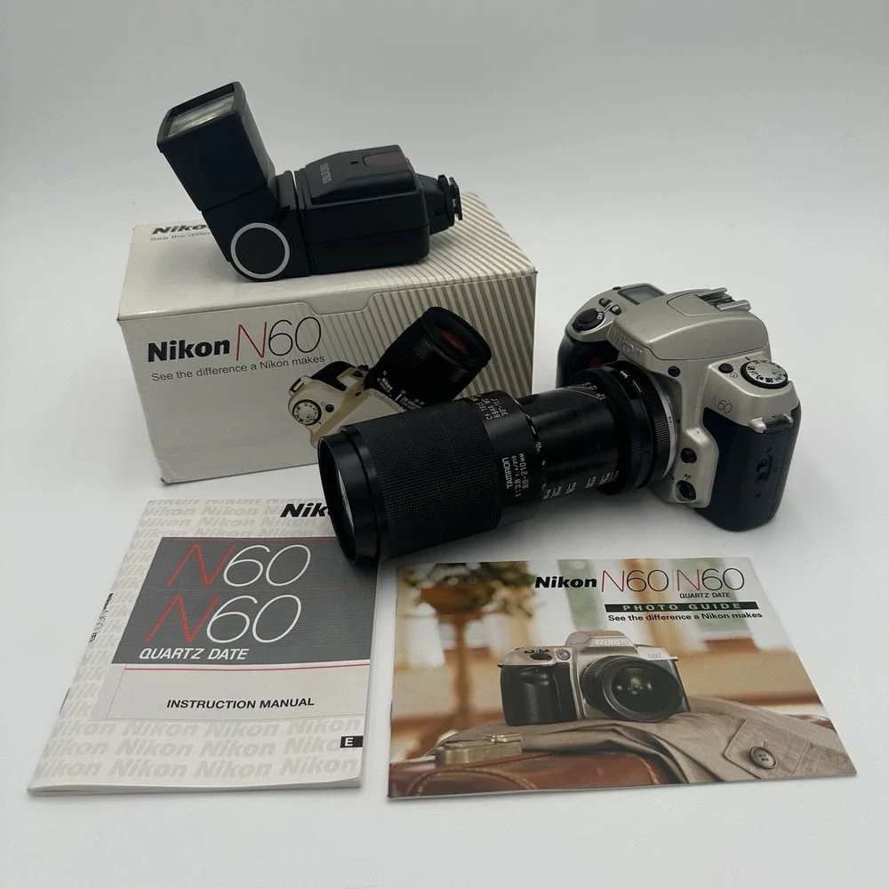 Nikon N60 35mm Film Camera Kit w/ Tamron 80-210 Lens Flash Box Tested